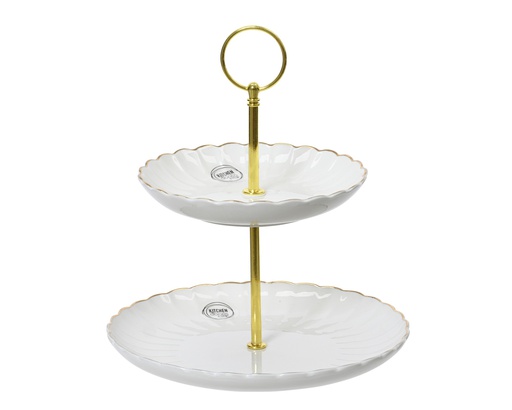 [4-604037] ETAGERE EN PORCELAINE - BLANC AVEC REBORD DORE - dia20.30-H23.00cm