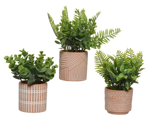 [4-800390] PLANTE VERTE EN POT - 3 MODÈLES - PRIX À L'UNITÉ - L7.50-W7.50-H18.00cm