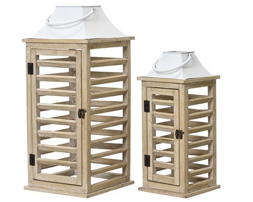 [4-811728] LANTERNES EN BOIS - NATUREL/BLANC - LOT DE 2 - L24.00-W24.00-H55.00cm /L17.50-W17.50-H41.00cm