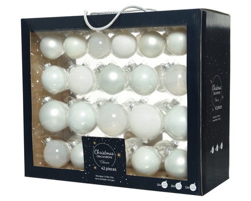 [4-149254] CAJA DE BOLAS  CRIS - BRILLO-MATE-PURPURINA-TRANSPARENTE - 42 UDS! - dia7.00cm - WINTER WHITE