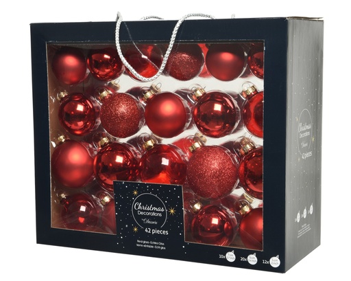 [4-149252] CAJA DE BOLAS CRIS - XMAS RED - BRILLO-MATE-PURPURINA-TRANSPARENTE - 42 UDS!dia7.00cm