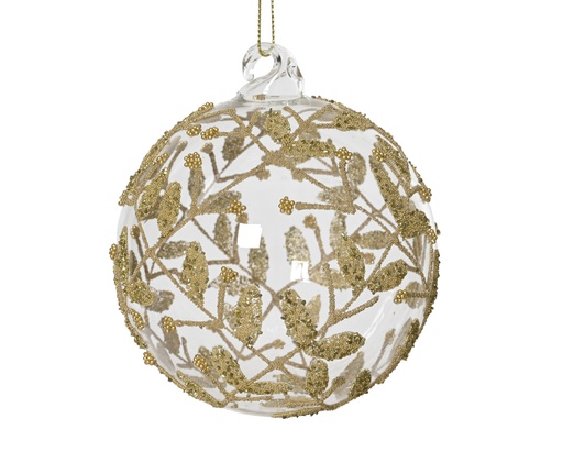 [4-071205] ***BAUBLES GLASS W BEADS AND GLITTER LEAVES TRANSPARENT/GOLD dia10.00cm