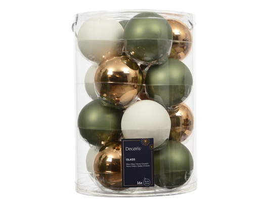 [4-140865] BOULES EN VERRE - MIX DE VERT, BLANC ET BRANDY - 16 UNITÉS - dia8.00cm