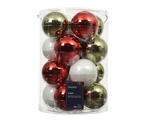 [4-140866] BOLAS CRIS - MIX VERDE ROMERO, BLANCO, XMAS RED - 16 UDS - dia8.00cm