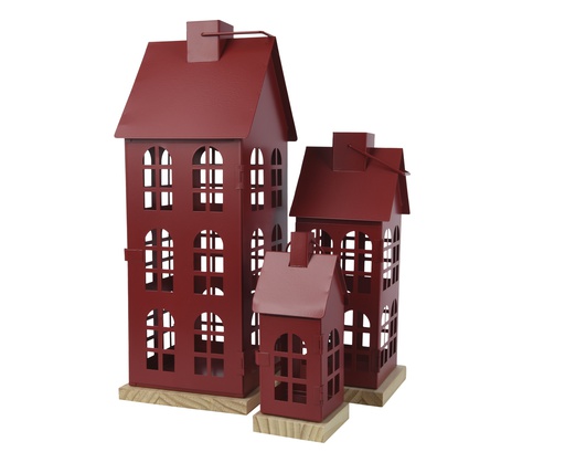 [4-390014] LANTERNES EN MÉTAL -ROUGE - LOT DE 3 - L16.00-W16.00-H45.00cm  L12.00-W12.00-H30.00cm  L8.00-W8.00-H20.00cm