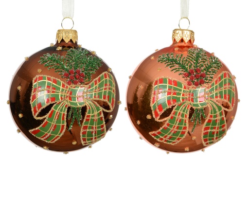 [4-050942] ***BAUBLE GLASS BOW WITH CHECK ASSORTED dia8.00cm