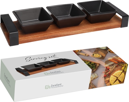 [KM-210001430] SERVICE DE TABLE EN CERAMIQUE ET BOIS D'ACACIA - 4 PIECES  