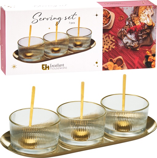 [KM-278001280] SET DE SERVIR APERITIVO - 7 PIEZAS - TRANSP Y DORADO