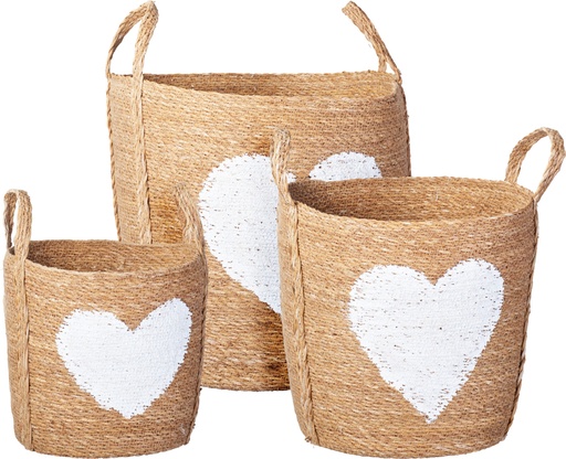 [KM-BD2000480] PANIERS NATURELS AVEC DESSIN EN FORME DE CŒUR - LOT DE 3 