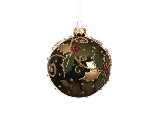 [4-050946] ***BAUBLE GLASS HOLLY PINE GREEN dia8.00cm