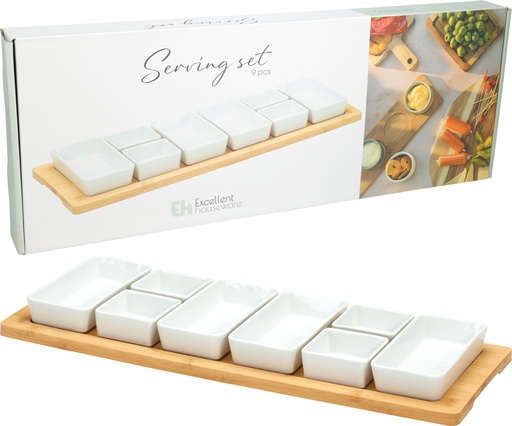 [KM-210001500] SET PARA SERVIR TAPAS - MADERA Y PORCELANA BLANCA