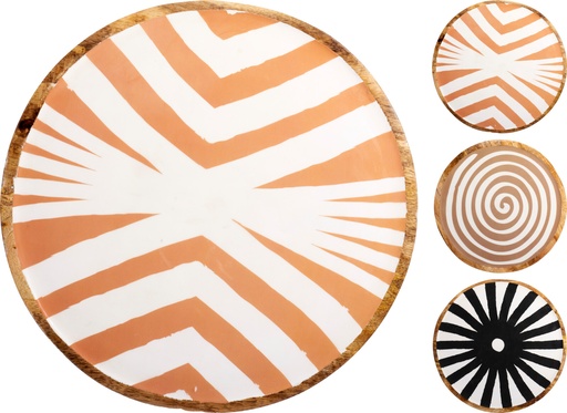 [KM-A55600100] ASSIETTE EN BOIS DE MANGUIER - MOTIF GEOMETRIQUE - 37CM DIA - 3 COULEURS - PRIX UNITAIRE