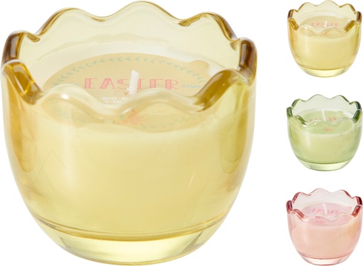 [KM-VC5000410] ***CANDLE EGG SHAPE IN GLASS WITH CREAM COLOR WAX, 3 ASSORTED COLORS: YELLOW, GREEN, RED