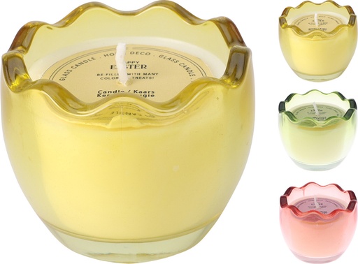 [KM-VC5000410] ***CANDLE EGG SHAPE IN GLASS WITH CREAM COLOR WAX, 3 ASSORTED COLORS: YELLOW, GREEN, RED