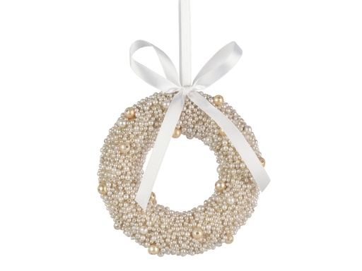 [4-028269] ***WREATH POLYSTYRENE BOW- PEARL- BEADS PEARL/GOLD L11.80-W1.80-H11.80cm