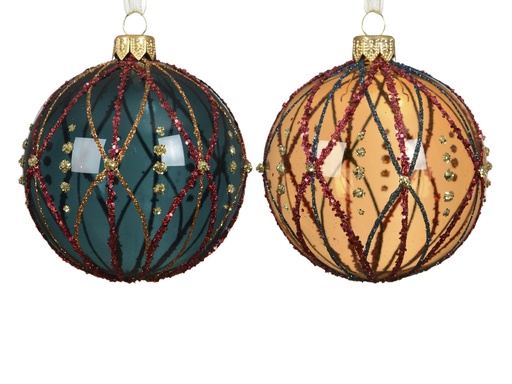 [4-053506] ***BAUBLE GLASS DIFFERENT GLITTER LINES ASSORTED dia8.00cm