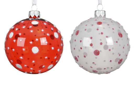 [4-053521] ***BAUBLE GLASS RED DOTS - WHITE DOTS ASSORTED dia8.00cm