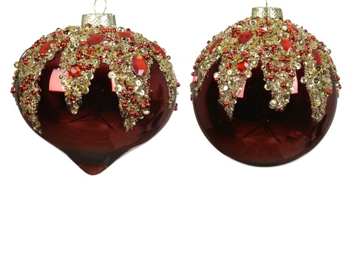 [4-071674] ***BAUBLES GLASS WITH BEADS- DIAMOND OXBLOOD dia10.00cm