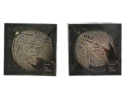 [4-071821] ***BAUBLES GLASS WITH LEAF- FROST ASSORTED dia15.00cm