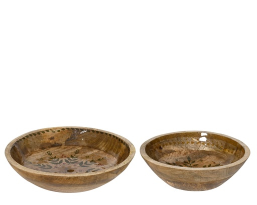 [4-201992] PLATEAUX EN BOIS AVEC MOTIF EMAILLE - FOOD SAFE ! - LOT DE DEUX - dia 30,00 cm - H 6,50 cm / dia 25,00 cm -  H 6,50 cm