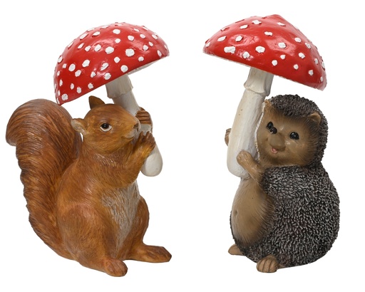 [4-371858] ANIMAUX EN RESINE AVEC CHAMPIGNONS - 2 ASSORTIS - PRIX UNITAIRE- L13.20-W8.30-H16.80cm
