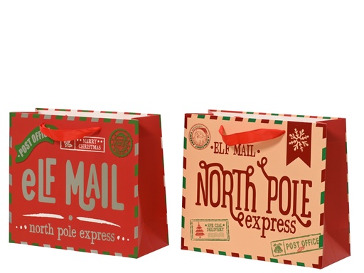 [4-374207] ***GIFTBAG PAPER ELF MAIL ASSORTED L21.00-W8.00-H18.00cm