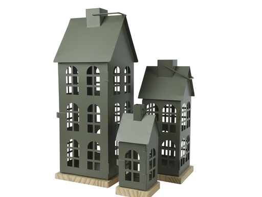 [4-390013] LANTERNE EN METAL EN FORME DE MAISONNETTE - VERT SAPIN - LOT DE 3 - L16.00 x l 16.00 x H 45.00 cm / L12.00 x l 12.00 x H 30.00 cm / L8.00 x l 8.00 x H 20.00 cm