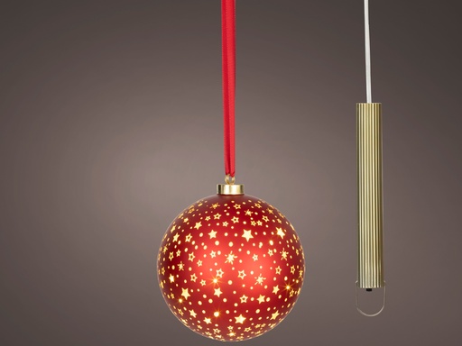 [4-480158] BOULE DE NOEL A SUSPENDRE - MICRO LED - 15 LED - A PILES - POUR INTERIEUR - ROUGE AVEC ETOILE DOREE - LUMIERE CHALEUREUSE dia19.00cm-20L