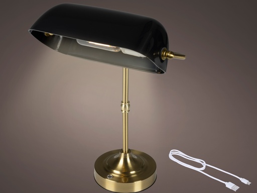 [4-484781] LAMPARA DE MESA/ESCRITORIO RECARGABLE - METAL DORADO Y PANTALLA NEGRA - L15.50-W26.00-H37.00cm-1L