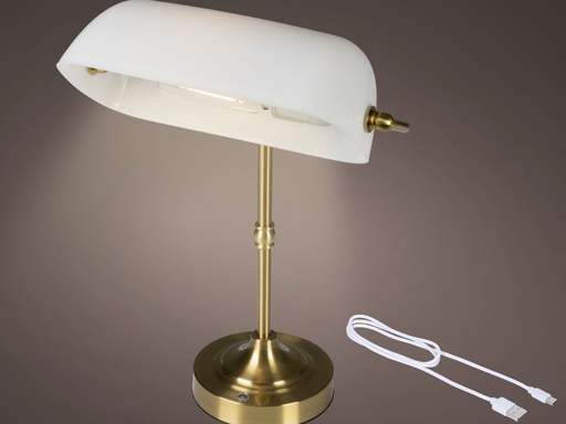 [4-484782] LAMPARA DE MESA/ESCRITORIO RECARGABLE - METAL DORADO Y PANTALLA BLANCA - L15.50-W26.00-H37.00cm-1L