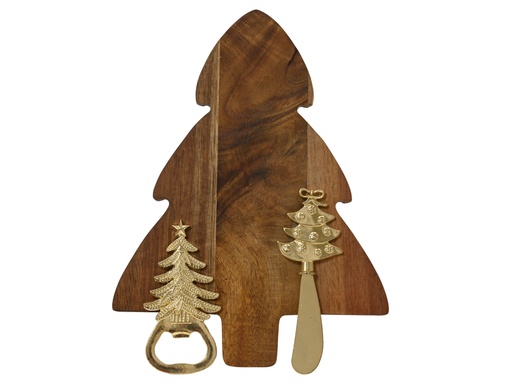 [4-601159] TABLA CORTAR MADERA ACACIA CON ABRIDOR Y CUCHILLO PARA QUESO - L25.00-W27.50-H3.50cm
