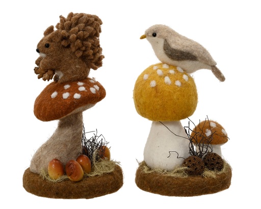 [4-704477] CHAMPIGNON EN LAINE AVEC DES ANIMAUX - 2 ASSORTIMENTS - PRIX UNITAIRE - L11.00-W11.00-H22.00cm