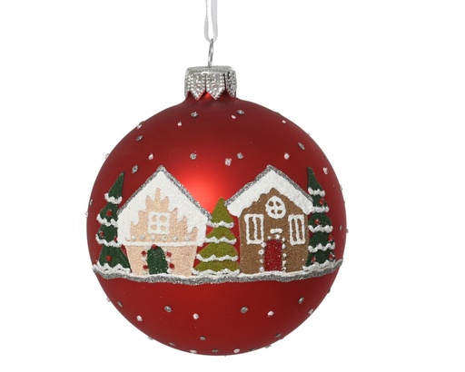 [4-052115] BOLA DE CRISTAL NAVIDEÑA ROJA - CON DIBUJOS DE CASITAS - dia8.00cm