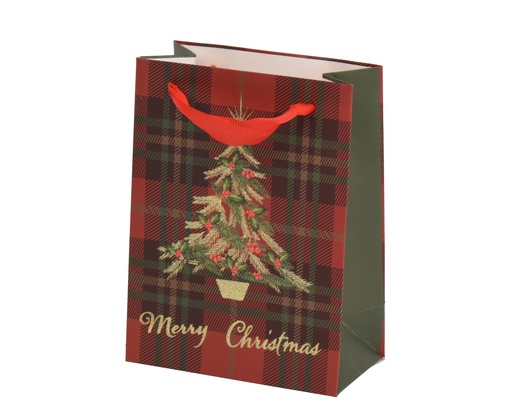 [4-371785] ***GIFTBAG PAPER CHECK-XMAS TREE RED/COLOUR(S) L12.00-W6.50-H16.00cm