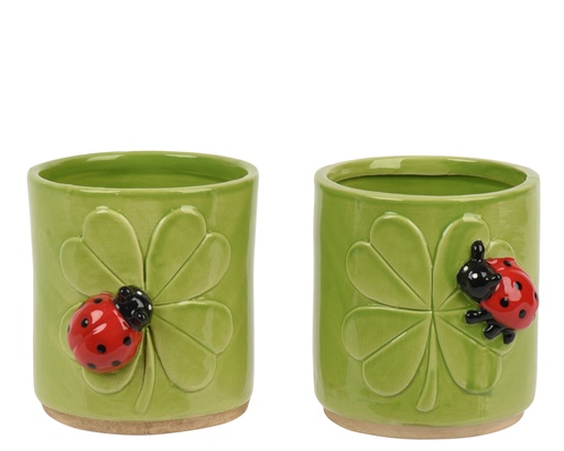 [4-814322] ***PLANTER STONEWARE GLAZED LADYBIRD 2ASS GREEN/COLOUR(S) L.12.5cm x W.11cm x H.11.8cm