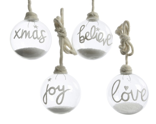 [4-060254] GL BAUBLE W TEXT W SNOW 4ASS DIA10-H12CM