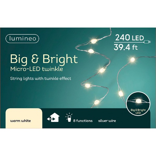 [4-496759] MICRO LED "BIG&BRIGHT" - 12M - 240LEDS - CABLE PLATEADO - LUZ CALIDA - APTO EXTERIOR
