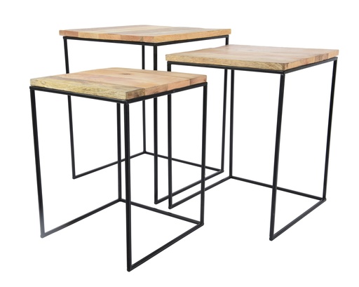 [4-826781] KIT DE TROIS PETITES TABLES EN BOIS DE MANGUIER ET PIEDS EN METAL - L44CM