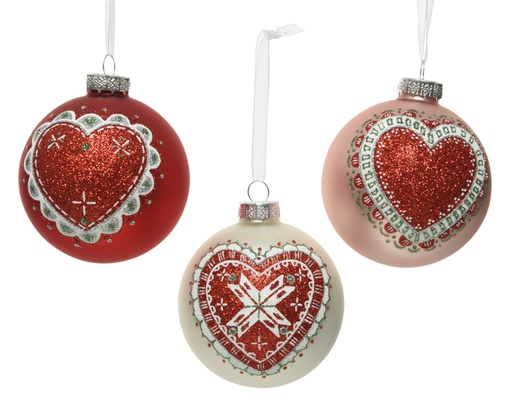 [4-030175] BOULE EN VERRE PEINTE AVEC COEUR - 8CM - 3 DESIGN - PRIX À L'UNITÉ