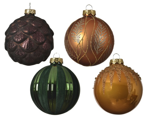 [4-062573] BOULE EN VERRE CAMEL/VERTE - 8CM - 4 DESIGN - PRIX À L'UNITÉ 