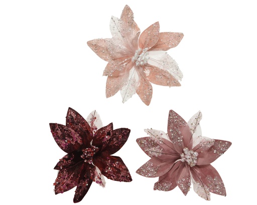 [4-629384] FLOR TELA TERCIOPELO Y STRASS - 15CM - 3 COLORES - UD