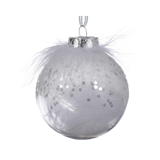 [4-026971] BAUBLE SHATTERPROOF WITH WHITE FEATHERS INSIDE DIA8CM