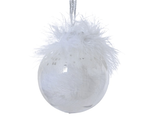 [4-026971] BAUBLE SHATTERPROOF WITH WHITE FEATHERS INSIDE DIA8CM