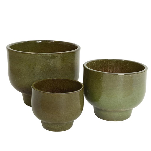 [4-802517] MACETAS TERRACOTA GLASEADA-VERDE OLIVA-SET DE 3