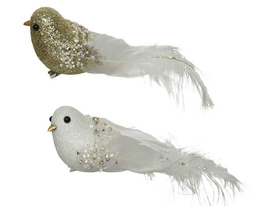 [4-520952] OISEAU BRILLANT AVEC PERLES - 23CM - 2 COULEURS - PRIX À L' UNITÉ 