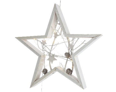[4-481154] ÉTOILE EN BOIS - 38CM - 15LED/BAT - BLANC